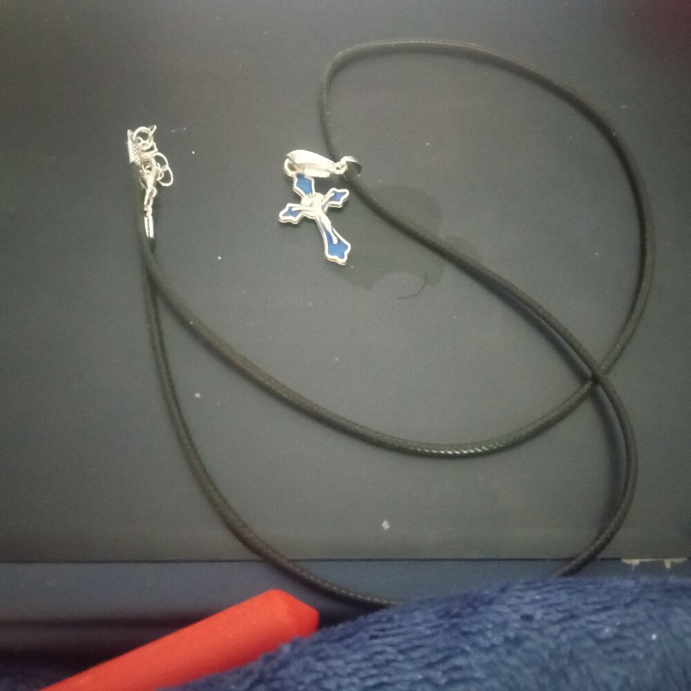 Handmade Silver Plated Blue Cross Crucifix Necklace